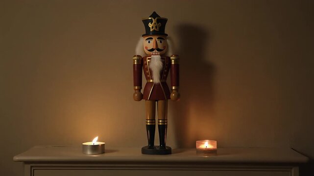 Traditional Nutcracker Figure Between Two Lit Candles