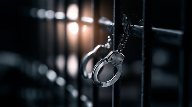 Criminal justice concept, a handcuffs attached to black prison bars, dark blurred detention background, investigative journalism theme,law enforcement and legal system concept, space for breaking news