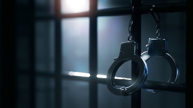 Criminal justice concept, a handcuffs attached to black prison bars, dark blurred detention background, investigative journalism theme,law enforcement and legal system concept, space for breaking news
