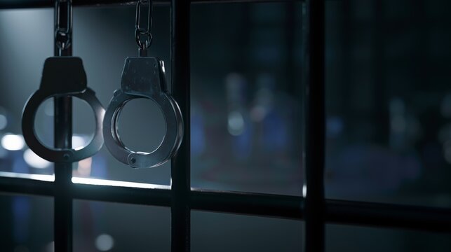 Criminal justice concept, a handcuffs attached to black prison bars, dark blurred detention background, investigative journalism theme,law enforcement and legal system concept, space for breaking news