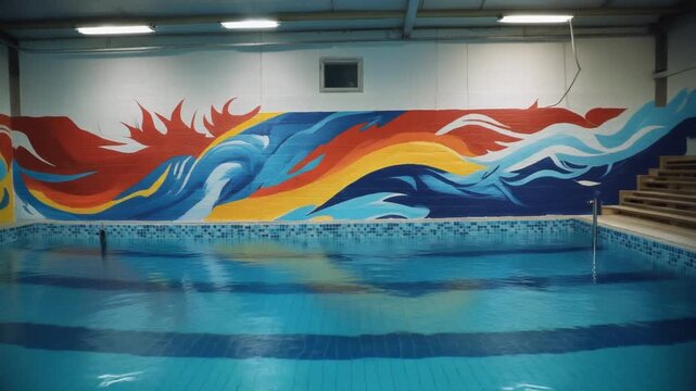 Vibrant Abstract Mural Adorns Indoor Swimming Pool Wall with Dynamic Colors and Flowing Shapes.