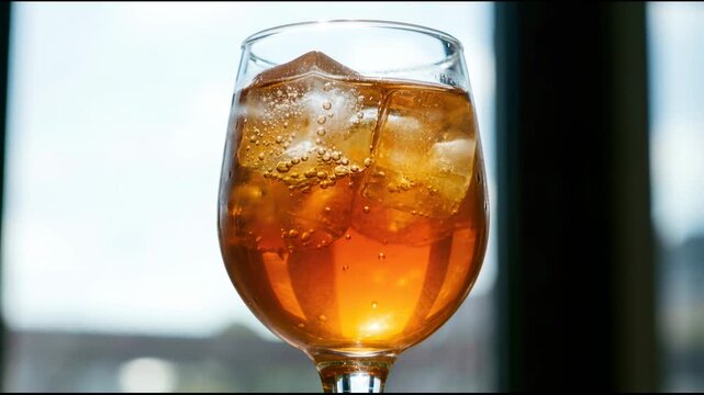 Orange cocktail in clear glass with ice cube. Refreshing summer beverage close up. Alcohol drink for party or celebration concept. Bubbling liquid detail view.