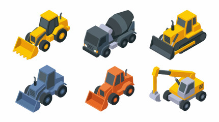 Collection of construction vehicles in isometric view on white background. © Joi