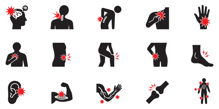 Body pain icon set. Human body pain localization icon set. Headache, backache, neck, joint, muscle, heart, ear and foot injury ache areas with red flash marks. Flat vector silhouettes collection. Vect