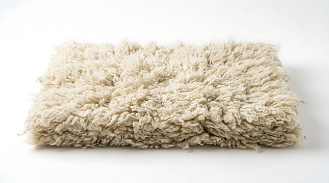 Fluffy beige textured rug isolated on a white background, soft wool material
