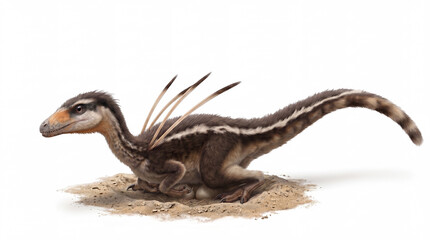Obraz premium Ubirajara jubatus incubating a clutch of eggs in a nest, displaying natural reproductive behavior and parental care with accurate feathered anatomy in a detailed scientific paleontological reconstruct