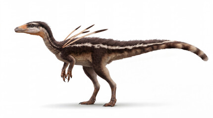 Fototapeta premium Ubirajara jubatus standing in full lateral view, displaying accurate feathered anatomy, natural posture and detailed scientific paleontological reconstruction isolated on white background