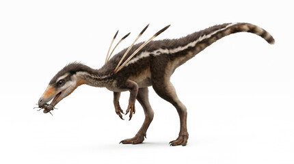 Fototapeta premium Ubirajara jubatus with a small insect near its jaws, displaying natural feeding behavior and accurate feathered anatomy in a detailed scientific paleontological reconstruction isolated on white backgr