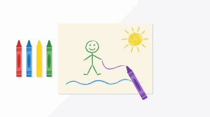 Obraz premium Childs drawing of a stick figure walking on waves under a bright sun with crayons nearby