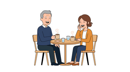 Fototapeta premium Happy senior couple enjoying coffee and conversation at a cafe table, illustrating companionship and leisure time together