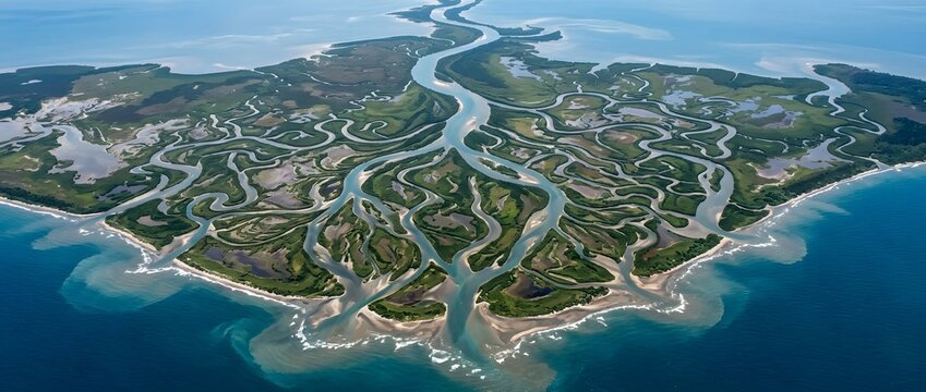 Aerial view of a serpentine river delta flowing into the ocean