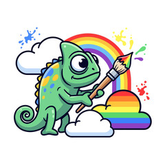 Fototapeta premium Green chameleon painting a rainbow with watercolor brush and clouds
