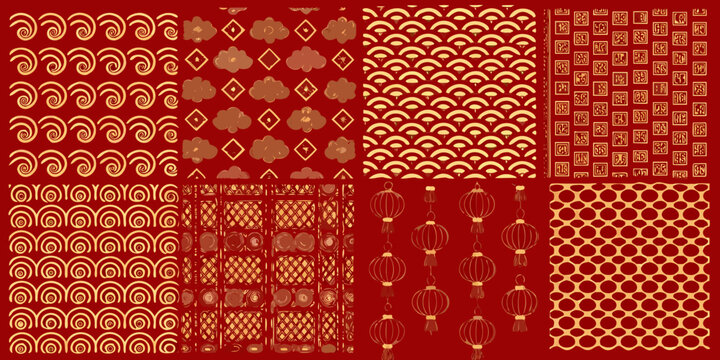 Chinese traditional pattern collection golden ornaments on red background