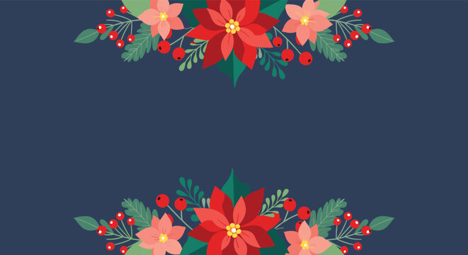 Christmas border design featuring red poinsettia flowers and green winter berries on a deep blue elegant background.