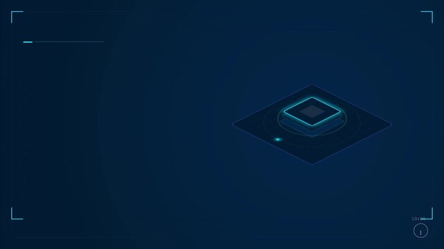 Digital Microchip CPU Processor Isometric Blue Neon Glow HUD Interface Visualization for Advanced Computer Data Computing and Artificial Intelligence Technology