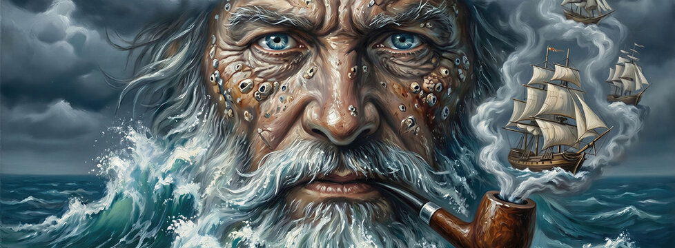 Elderly bearded man as old sailor with weathered face and barnacles smoking pipe on stormy sea background. Banner with copy space