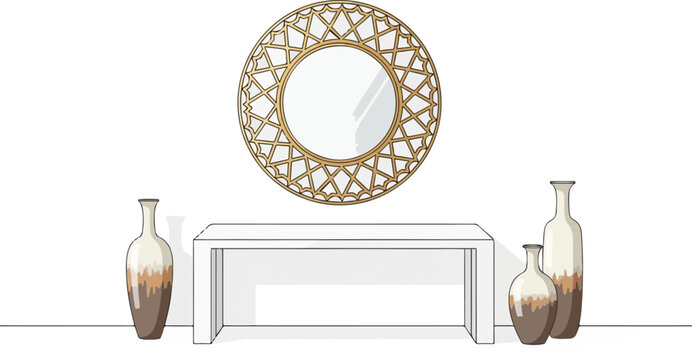An interior design illustration shows a console table with a decorative mirror and two vases on either side in a stylish setting.
