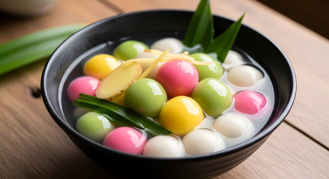 Tang yuan a Chinese Malaysian dessert which is chewy rice flour balls filled with red bean paste simmered in hot sweet soup. Served in a bowl with pandan leaf decor on a table, against dark background