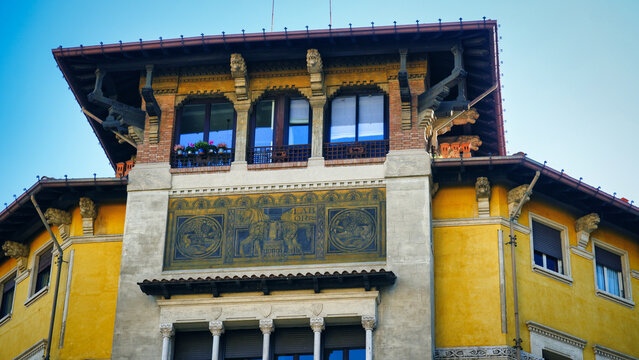 Spider Palace Architecture and Ornate Mosaic Portal in Coppede District Rome