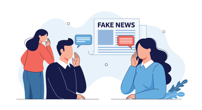 People whispering rumors and gossiping in front of a newspaper with a bold fake news headline in a flat design.