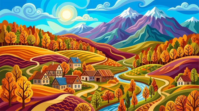 Mountain village river landscape vector