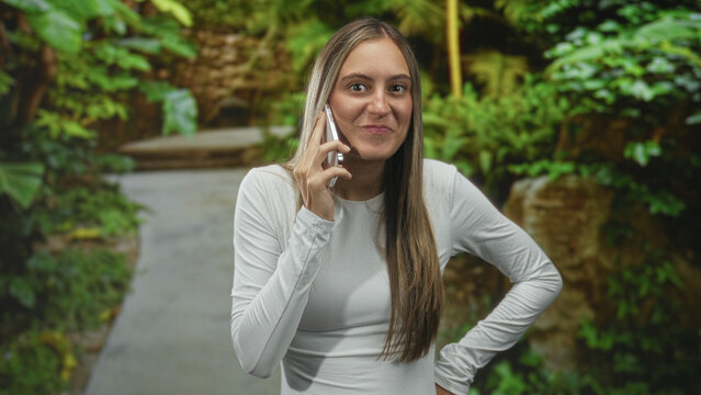 Young woman smiling and talking on smartphone with hand on head on a garden path surrounded by lush plants; joyful ease.