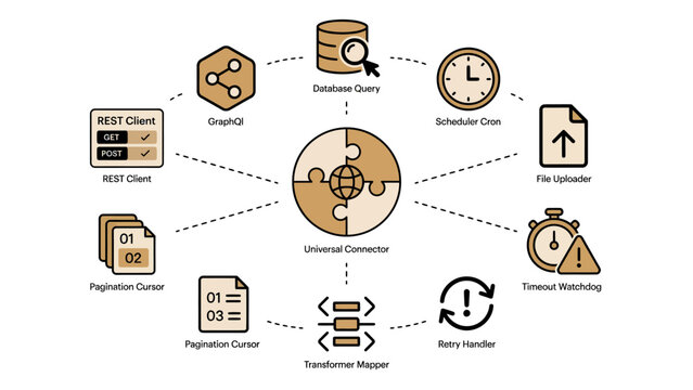 Infographic diagram of universal connector and related software components and tools  workflow