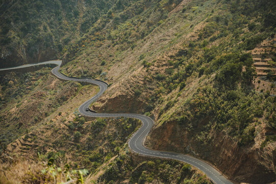 Scenic winding mountain road through the rugged landscape of La Gomera, Canary Islands