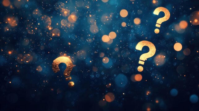 A blue background with golden question marks and bokeh lights.