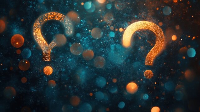 Two golden question marks on a dark blue background with bokeh effect.