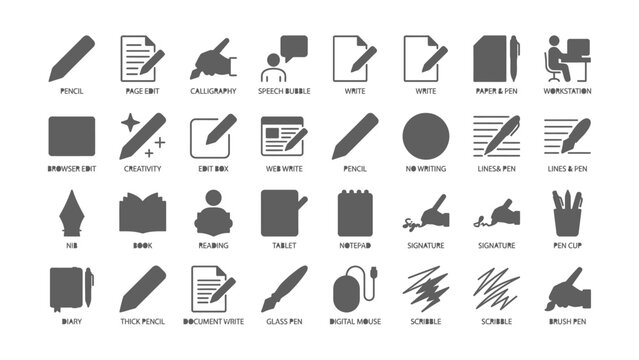 Collection of gray icons related to writing and editing on a white background