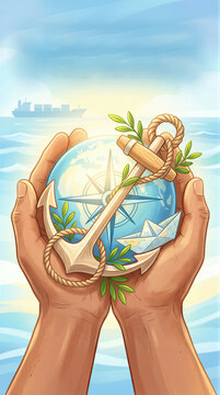 Hands holding compass, anchor, and paper boat representing International Day of the Seafarer. Global maritime navigation and naval travel concept. Marine logistic and ocean transport industry.