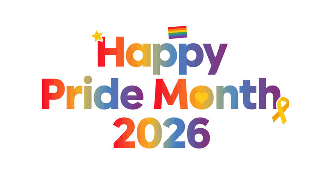 LGBTQ Pride Month 2026 celebration colorful text with rainbow flag and symbols
