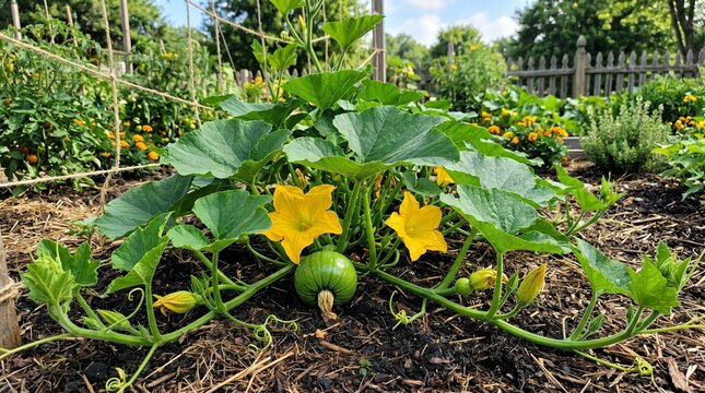 Green squash plant with yellow flowers.