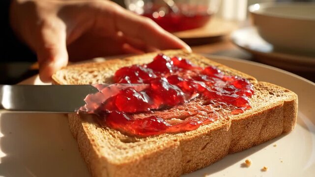 Knife Spreading Red Jam on Toasted Bread in Morning Sunlight from a Macro POV