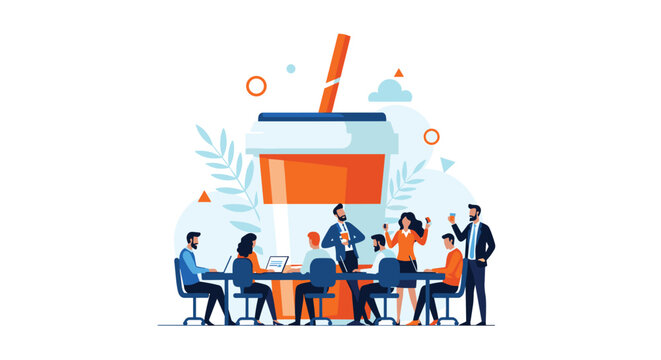 Creative business meeting concept showing tiny office workers collaborating around a huge soft drink cup.