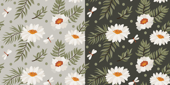 Hand drawn cute floral pattern with dragonfly