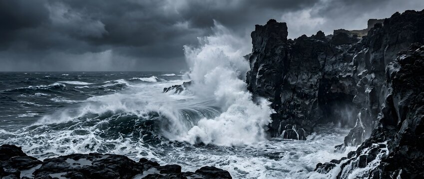 Dramatic waves crashing against dark rocky coastline under stormy sky