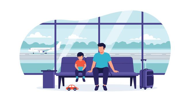 Father and young son sitting in an airport waiting room looking out the window at an airplane on runway, vector.