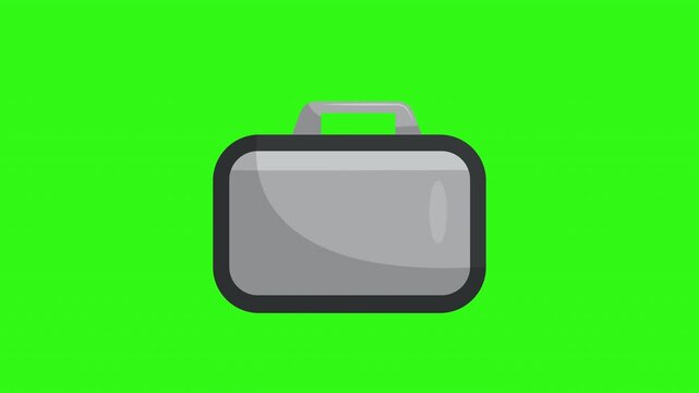 Briefcase cartoon icon with grey rectangle, shiny metal handle, black border, and bright green background. Suitable for business presentations and websites.
