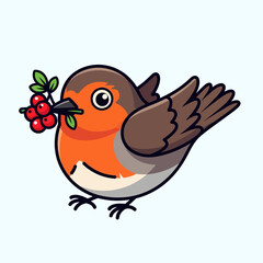 Naklejka premium Cute cartoon robin bird with red berries and green leaves