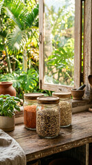 Fototapeta premium Three glass jars with dry grains on rustic wooden table near open window with green plants
