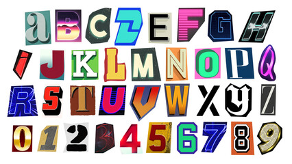 Colorful mixed alphabet and numbers set isolated on black background, retro cutout letter collection for headline design, title graphics, poster layout, editorial artwork or creative typography use. © The Stock King