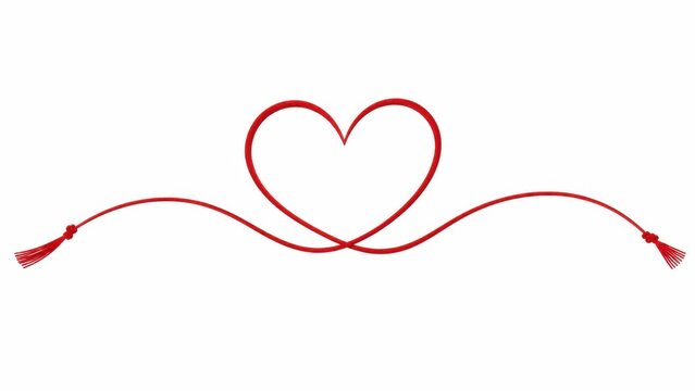 Red cord string tied in heart shape with tassels isolated on plain white background art.