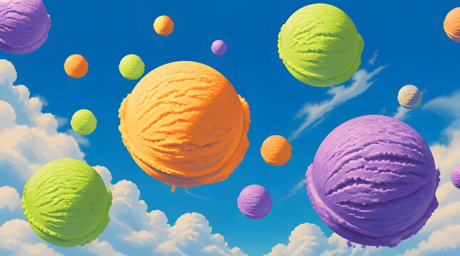 Vibrant scoops of ice cream floating in a dreamlike sky with fluffy clouds, a whimsical and delightful frozen dessert fantasy