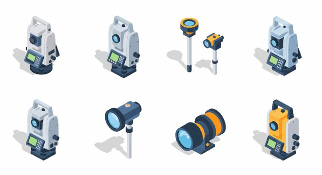 Collection of isometric surveying instruments, including theodolites and total stations, on a white background.