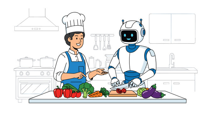 Professional chef in apron and white hat standing next to a humanoid robot chopping fresh vegetables on a kitchen counter for culinary automation.