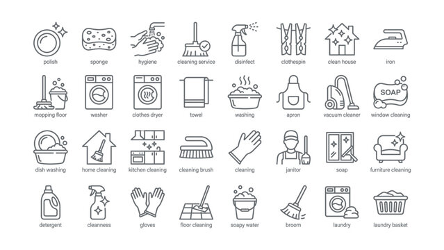 Set of line icons for cleaning and household chores services and tools