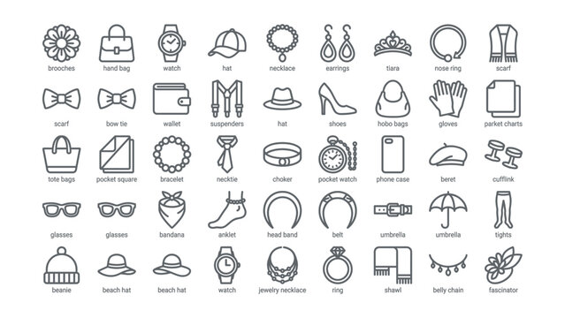 Collection of various fashion accessories and items icons  jewelry clothing and more