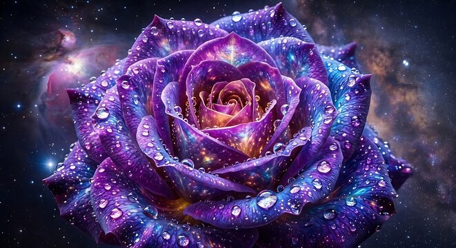 Cosmic Rose: Purple Galaxy Flower with Water Droplets against Nebulous Starfield